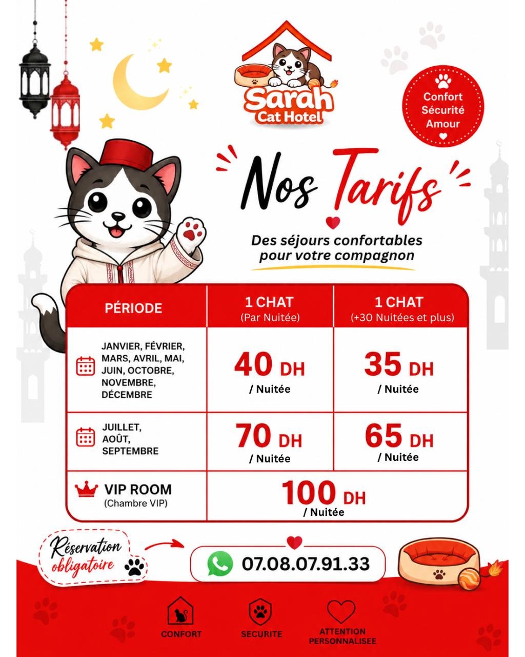 Nos tarifs Sarah Cat Hotel